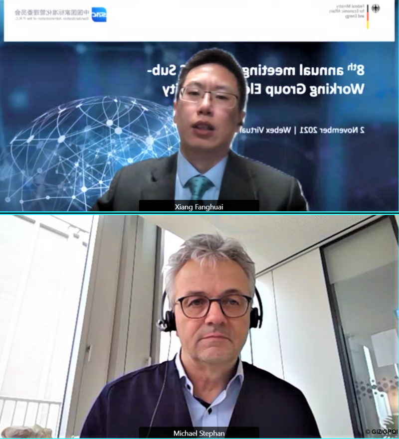 Xiang Fanghuai (SAMR) und Michael Stephan (DIN) sprechen auf der 8. Jahressitzung der Unterarbeitsgruppe Elektromobilität.